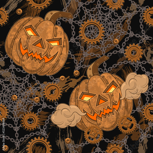 Seamless halloween pattern in steampunk style with copper halloween pumpkin, rusty gears, rough steel chains. Textured black background with grunge paint brush strokes, smears Creative fantasy concept