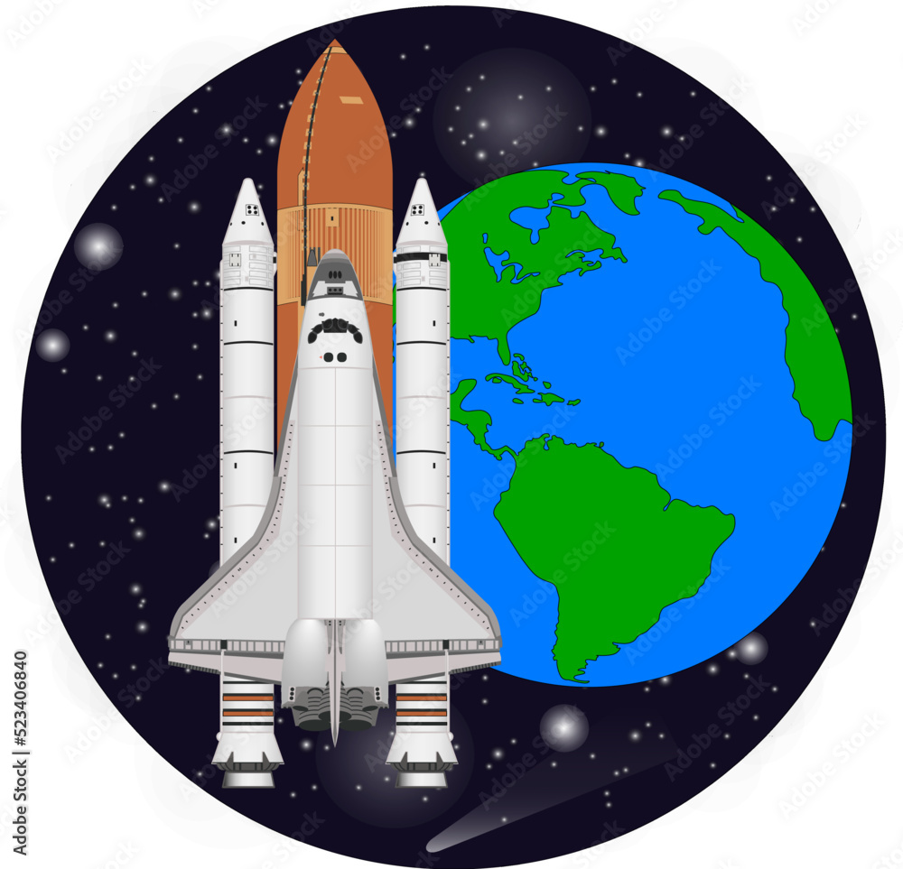 Naklejka premium Space shuttle with rocket boosters close to the Earth planet of solar system. Round vector illustration. Elements of this image were furnished by NASA.