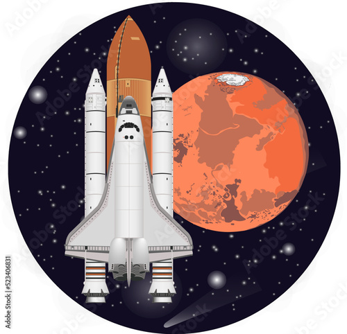 Fototapeta Naklejka Na Ścianę i Meble -  Space shuttle with rocket boosters close to the Mars planet of solar system. Round vector illustration. Elements of this image were furnished by NASA.