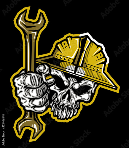oilfield roughneck skull with hard hat holding large wrench in hand
