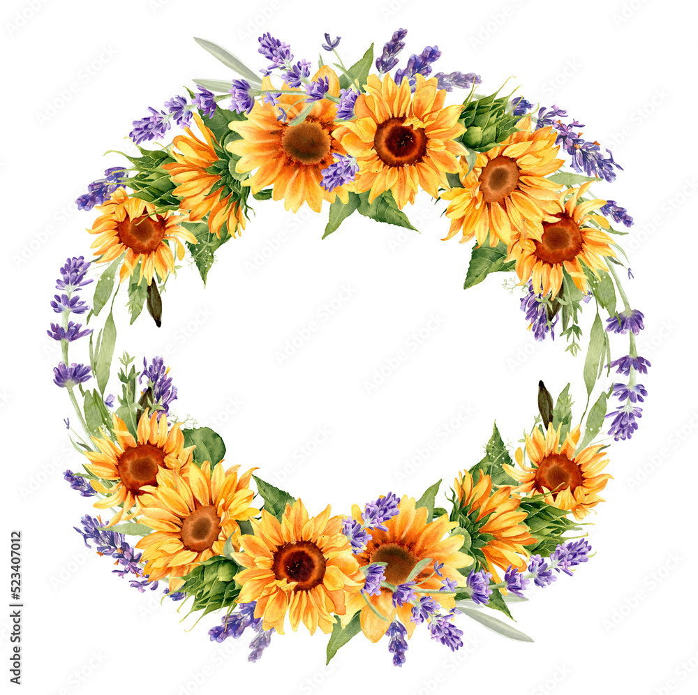Sunflower and lavender flowers wreath. Watercolor illustration isolated on white background. Floral round frame. Perfect for greeting card, poster, rustic wedding invitation