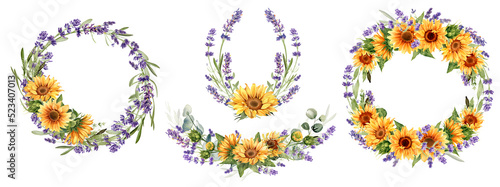 Sunflower and lavender flowers set. Watercolor illustration isolated on white background. Floral bouquet, border, wreath. Perfect for greeting card, poster, rustic wedding invitation