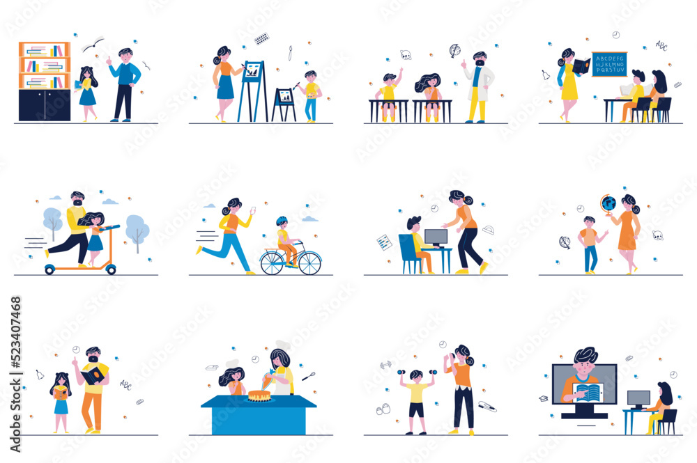 Learning process concept with tiny people scenes set in flat design. Bundle of boys and girls learning to read, drawing, ride scooter, cycling, cook at home with mentors. Vector illustration for web