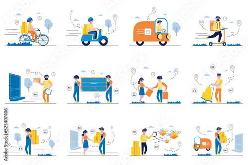 Delivery concept with tiny people scenes set in flat design. Bundle of courier delivery, truck transportation, loaders working, flying drone with parcels, fast shipping. Vector illustration for web