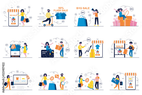 Discount store concept with tiny people scenes set in flat design. Bundle of men and women with shopping bags makes purchases, bis sales, online ordering and payment. Vector illustration for web