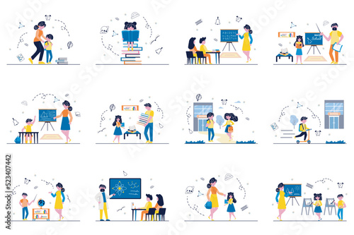 Back to school concept with tiny people scenes set in flat design. Bundle of pupils learning at class, mother takes child to school, teacher explains lesson, classmates. Vector illustration for web