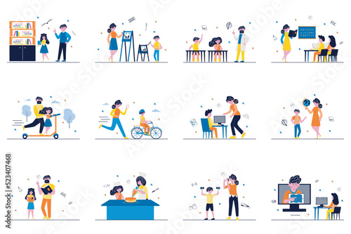 Learning process concept with tiny people scenes set in flat design. Bundle of boys and girls learning to read, drawing, ride scooter, cycling, cook at home with mentors. Vector illustration for web