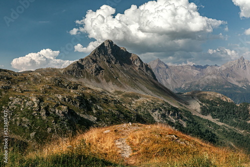 The path in mountain hills in Swiss Alps. Scenic landscape