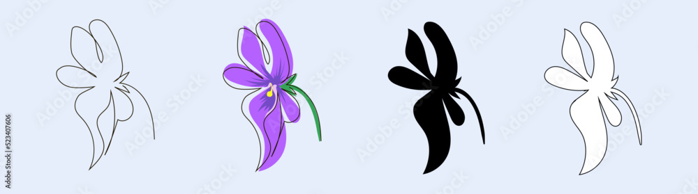 Set of four pansy-eye blossoms in single line, doodle, outline and black silhouette style. Stock vector illustration, isolated on blue background.