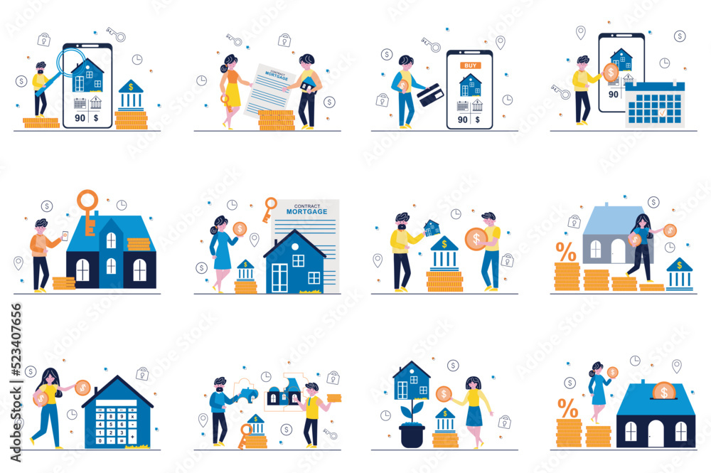 Mortgage concept with tiny people scenes set in flat design. Bundle of men and women receive bank loan to buy house or apartment, contracting, pay online every month. Vector illustration for web Mortgage concept with tiny people scenes set in flat design. Bundle of men and women receive bank loan to buy house or apartment, contracting, pay online every month. Vector illustration for web
