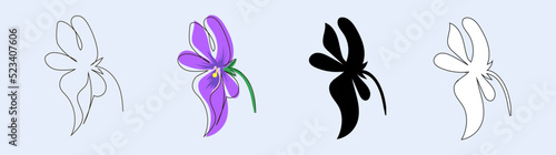 Set of four pansy-eye blossoms in single line, doodle, outline and black silhouette style. Stock vector illustration, isolated on blue background.