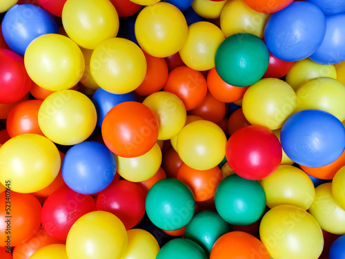 Many colorful plastic balls . Ball pit at kids play area. Colorful background.