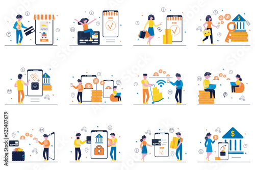 Mobile banking concept with tiny people scenes set in flat design. Bundle of men and women manage money on personal account in app, making online payments and transactions. Vector illustration for web