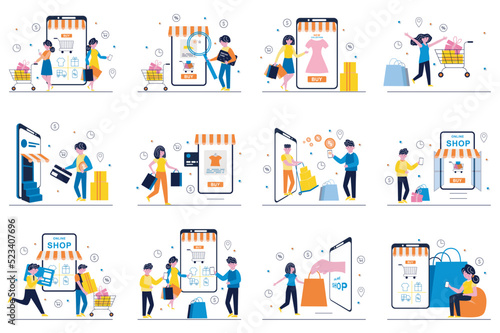 Mobile shopping concept with tiny people scenes set in flat design. Bundle of men and women choose and order goods in app, pay online from smartphone, receive discounts. Vector illustration for web