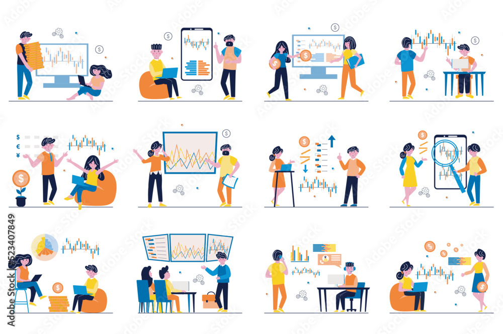 Stock market concept with tiny people scenes set in flat design. Bundle of men and women analyzing data at stock market, planning investing, buying and selling at exchange. Vector illustration for web