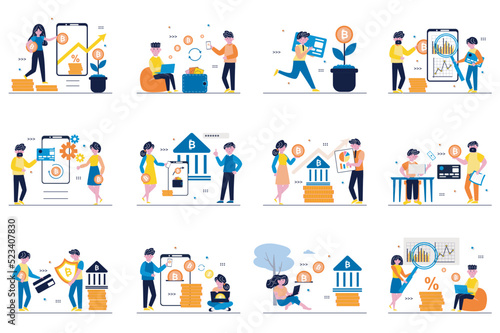 Cryptocurrency market concept with tiny people scenes set in flat design. Bundle of men and women buy and sell bitcoins, invest in crypto money, analyze online exchanges. Vector illustration for web