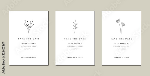Minimalistic save the date wedding card templates with plants on the white background