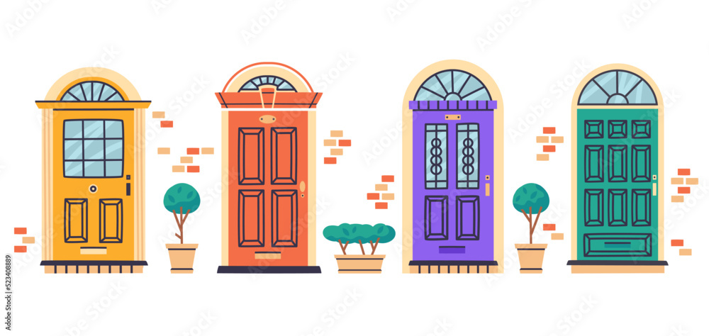 Apartments or house entrances, cartoon doors, residential building doorways. Front doors, home facade closed doors hand drawn vector illustration set. Flat doors collection