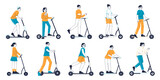 People riding electric kick scooters, eco friendly transportation. Outline young men and women riding modern eco vehicles flat vector illustration set. Kick scooter users