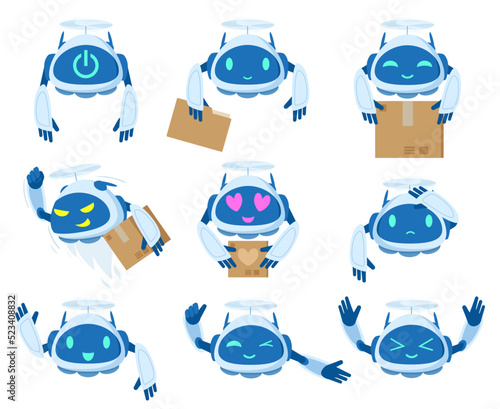 Cartoon aerial robot drones, cargo delivery quadrocopters mascots. Modern flying drone with propellers, innovation technology drones flat vector symbols illustration set. Quadcopters bundle