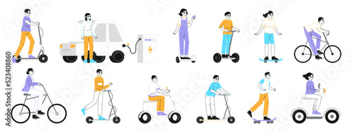 People riding electric vehicles, eco transport, scooter and bicycle. Man and woman ride gyroscooter, skateboard or motorbike flat vector illustration collection. Eco friendly transportation riders
