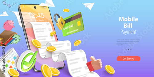 3D Vector Conceptual Illustration of Mobile Bill Payment, Online Shopping and Internet Banking