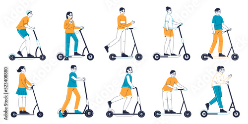 People riding electric kick scooters, eco friendly transportation. Outline young men and women riding modern eco vehicles flat vector illustration set. Kick scooter users