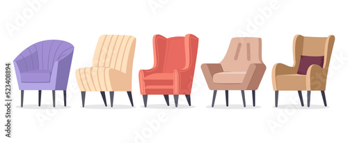 Cartoon cozy armchairs, modern furniture elements. Comfy apartment soft armchairs flat isolated vector symbols illustration set. Trendy furniture collection