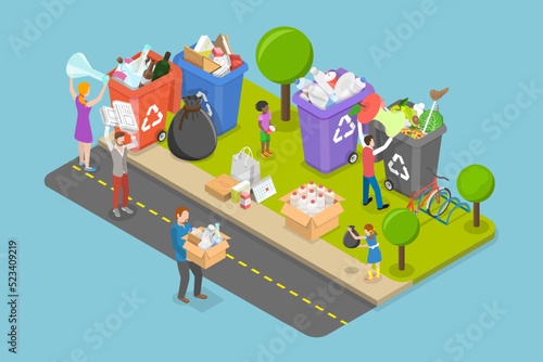 3D Isometric Flat Vector Conceptual Illustration of Sorting Waste for Recycling, Environmental Protection and Clean Up