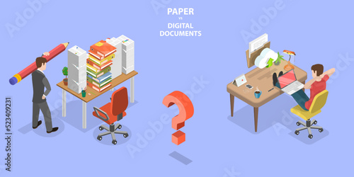 3D Isometric Flat Vector Conceptual Illustration of Paper VS Digital Documents, Paperless Office Transformation photo