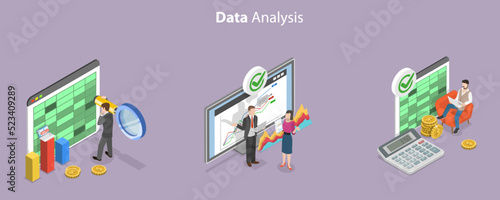 3D Isometric Flat Vector Conceptual Illustration of Data Analysis, Business Reporting and Audit