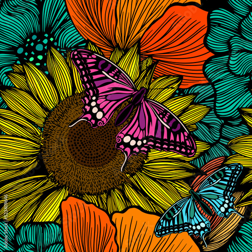 tropical pattern with multicolored hand drawn elements and funny background. leaves pattern . Seamless flowers with butterfly. Vector illustration