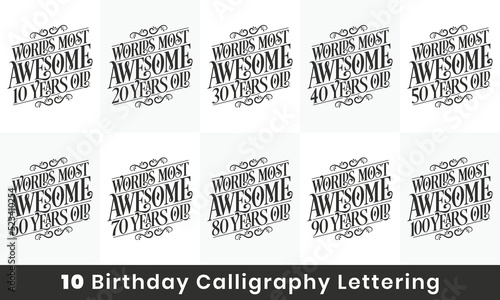 Happy Birthday design bundle. Set of 10 Birthday quote celebration lettering design bundle. Worlds most Awesome 10, 20, 30, 40, 50, 60, 70, 80, 90, 100 years old.