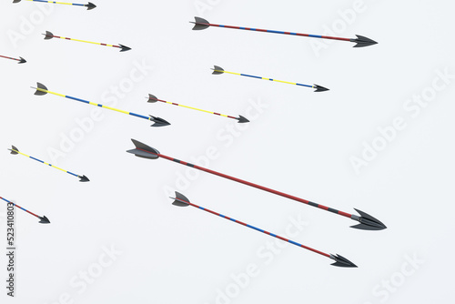 Many arrows on white background. Challenge, guide and goal concept. 3D Rendering.