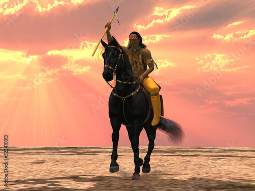 Indian the Falcon - An American Indian rides his black horse in a desert landscape with war paint on his face.