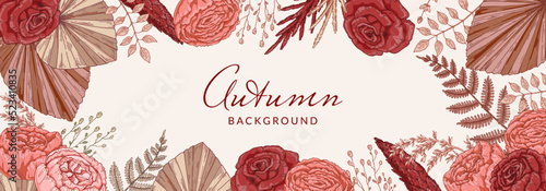 Autumn horizontal banner with modern floral elements. Hand drawn botanical vector illustration. Space for text