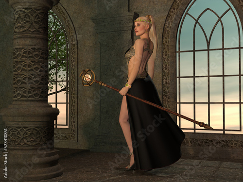 Tablou pe pânză Medieval Dawn - Queen Regent of a medieval castle carries a staff and wears a crown