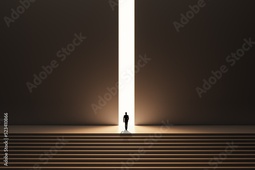 Back view of backlit businessman walking on stairs towards bright opening in dark wall. Success, way out, exit and solution concept. photo