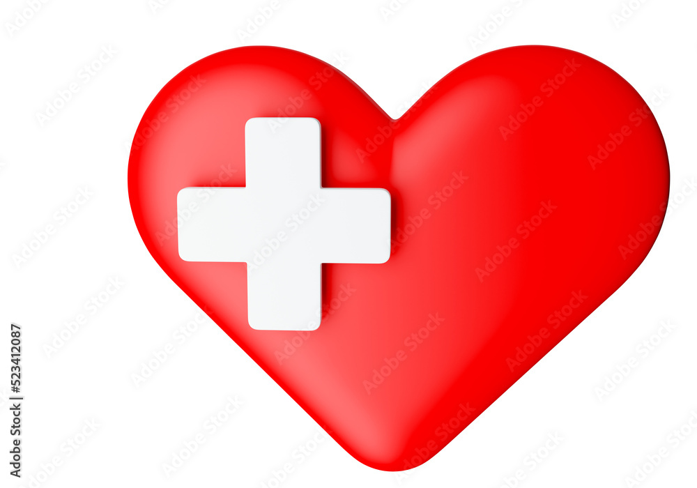 Medicine and healthcare. Red heart. Plus symbolizes medicine. Heart health and cardio system. Heart icon for health insurance website. Element for application interface isolated on white. 3d image Medicine and healthcare. Red heart. Plus symbolizes medicine. Heart health and cardio system. Heart icon for health insurance website. Element for application interface isolated on white. 3d image