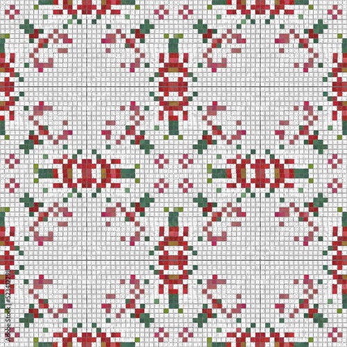 Seamless Christmas poinsettia cross stitch pattern. Decorative ornament in seasonal red for embroidered December holiday background. Winter botanical vintage scandi repeat tile. 