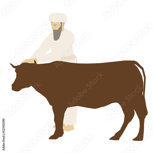 A Jewish priest in authentic clothes places his hands on the head of a large bull. As part of the Yom Kippur service at the Temple in Jerusalem. Historical illustration. Colorful vector.