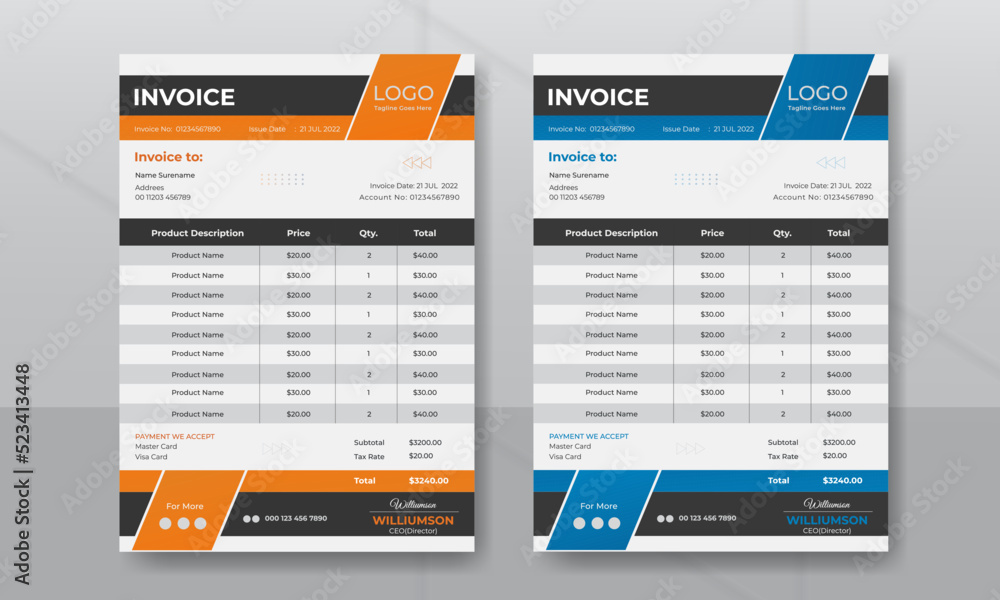 Minimal business invoice template with multiple color variations. Minimal business invoice template with multiple color variations.