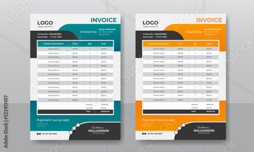 Minimal business invoice template with multiple color variations.