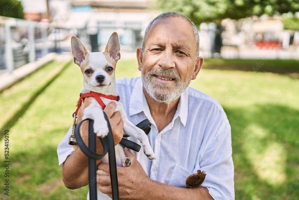 Senior man smiling confident hugging chihuahua at park Senior man smiling confident hugging chihuahua at park