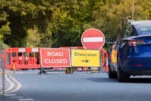 Road Closure Sign. Road Ahead Closed. Traffic Diversion.