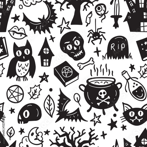 Monochrome seamless pattern of horror Halloween hand drawn doodle elements. Halloween background of magic elements. Pumpkins  ghost  skull  black cat  pot  hat.