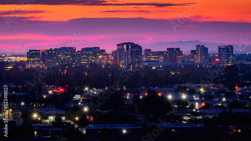 san jose night view of downtown cityscape with colorful sunset photo