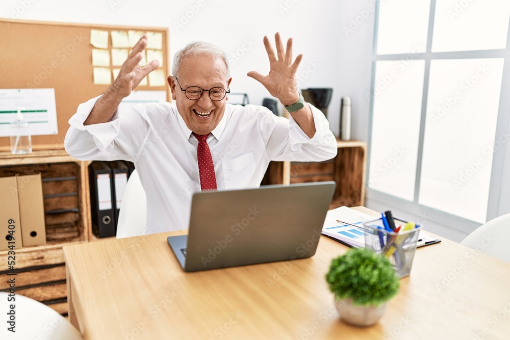 Senior man business worker using laptop with winner expression at office Senior man business worker using laptop with winner expression at office