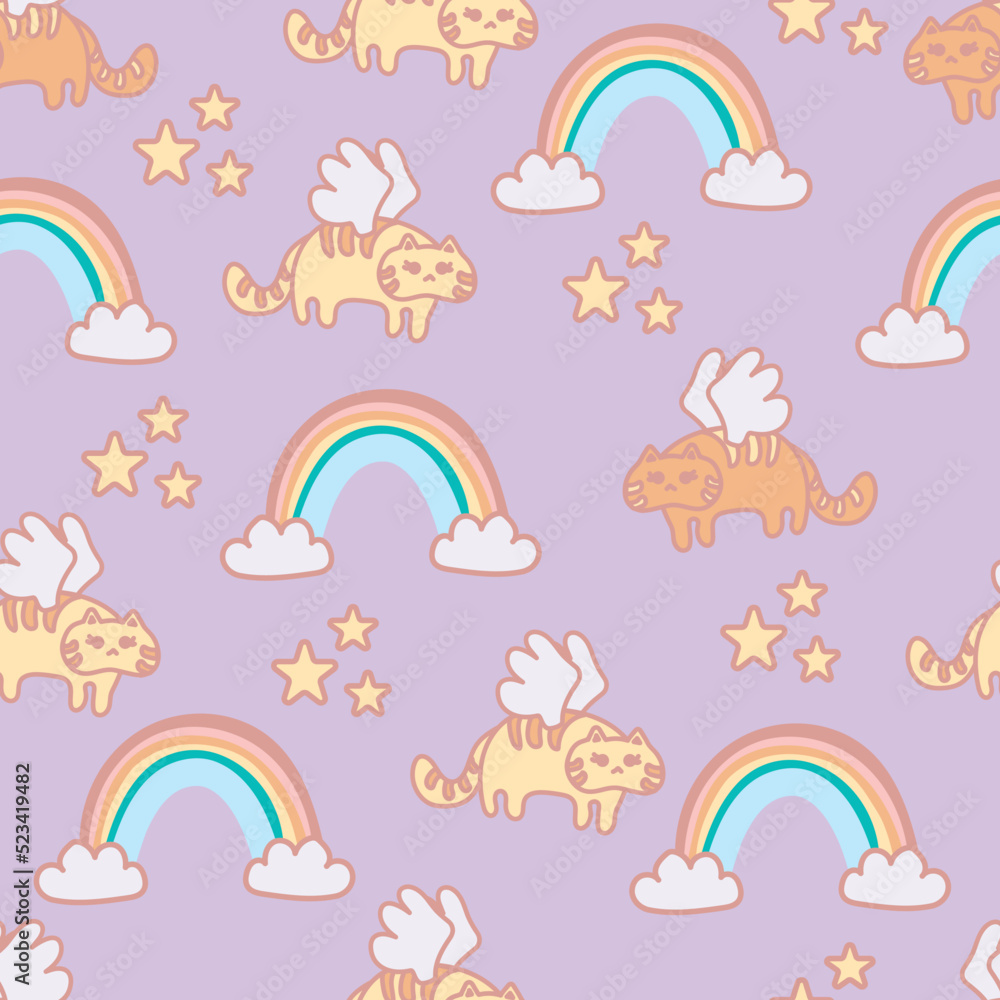Cute flying kitten and rainbow pattern. Seamless pattern. Kawaii neko seamless pattern. Rainbows wallpaper. Japanese comic style inspired. Cute flying kitten and rainbow pattern. Seamless pattern. Kawaii neko seamless pattern. Rainbows wallpaper. Japanese comic style inspired.