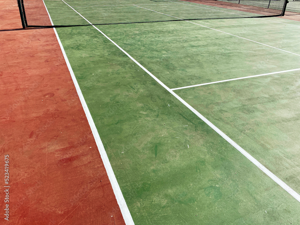 wide angle tennis court green lines red clay playing score bounds sports park